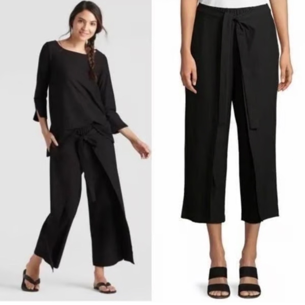 EILEEN FISHER Tie Front Overlay Wide Leg Culottes Black Capris Classic Style